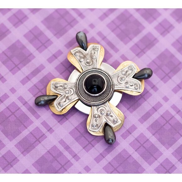 Vintage Celtic Symbolic Cross Black Stone Brooch - V4 - Picture 1 of 2